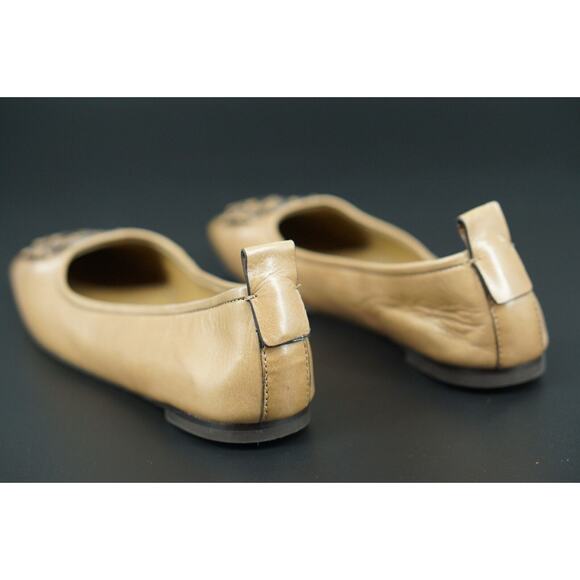Tory Burch Ines Ballet Flat Leather Size 7.5 Square Toe Logo Tan Almond Rare - Picture 7 of 9